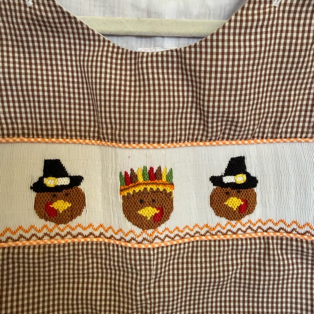 Brown Gingham Kids Thanksgiving Pilgrim Smock Jon Jon Overalls - Picture 4 of 4